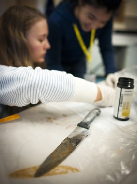 A bloodied knife holds clues for junior investigators at the Forensic Science Camp.