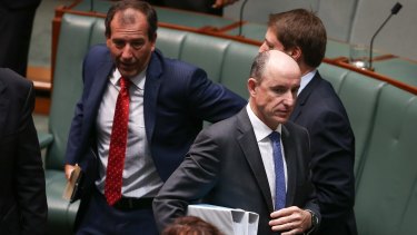 Stuart Robert, Minister for Human Services and Veterans Affairs, walks past colleague Mal Brough on Thursday.