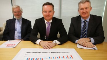 Shadow treasurer Chris Bowen and opposition finance spokesman Tony Burke with auditor Michael Keating (left).
