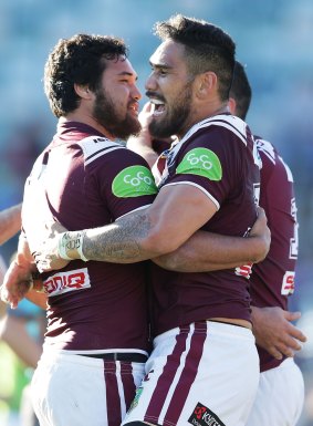 Jesse Sene-Lefao and Feleti Mateo of the Sea Eagles wearing Coco Joy branding.