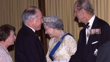 The republican issue emerged under the watch of John Howard, seen here meeting the Queen and Prince Philip.