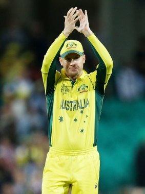 Michael Clarke waves to the crowd at the Cricket World Cup semifinal.