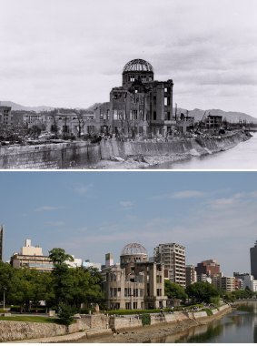 The gutted Hiroshima Prefectural Industrial Promotion Hall, currently called the Atomic Bomb Dome or A-Bomb Dome, after the bombing on August 6, 1945, and last week (below).