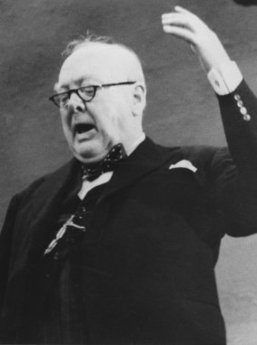 Sir Winston Churchill addresses the congress of the British Conservative Party in Blackpool in 1954.