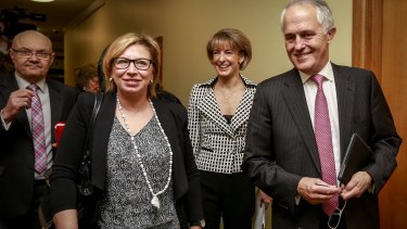 Rosie Batty with Prime Minister Malcolm Turnbull, Minister for Women Michaelia Cash and former police commissioner Ken Lay (left).