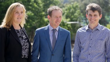Chair of the Australian photovoltaic institute Renate Egan, ACT minister for climate change and sustainability Shane Rattenbury, and ANU research fellow Dr Matthew Stocks at the launch of a solar potential map.