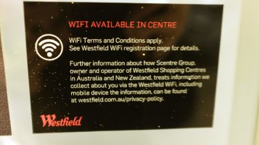 A sign advertising  free WiFi outside a Westfield shopping centre.