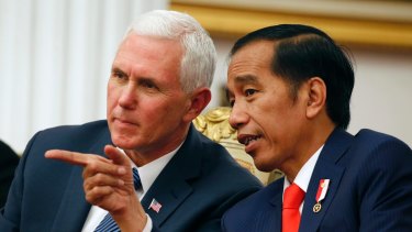 Mike Pence with Indonesian President Joko Widodo, during their meeting in Jakarta on Thursday.