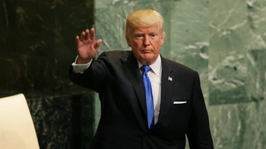 US President Donald Trump waves after speaking at the United Nations General Assembly.