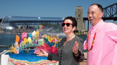 Sydney lord mayor Clover Moore and Benja Harney, artist designer of the model that will be the inspiration for NYE projections on the Harbour Bridge. 