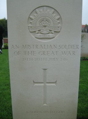 Generic headstone for an unidentified WWI soldier at the Fromelles cemetery. Soldiers identified this year will get new, personalised, headstones. 
