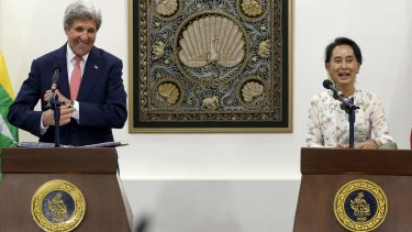 US Secretary of State John Kerry and Myanmar's Foreign Minister Aung San Suu Kyi during their joint press conference on Sunday.