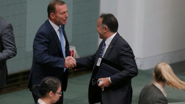 Former prime minister Tony Abbott and Andrew Nikolic in Parliament last year.