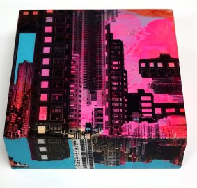 Decentralised Cities #4 (2018), acrylic and image transfer on board with UV varnish, 15.3 x 15.3 x 5cm.