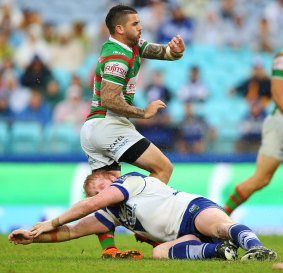 Dangerous: James Graham was suspended for diving into the legs of Souths halfback Adam Reynolds.