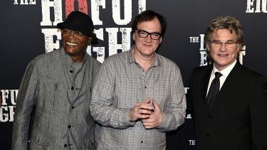 Writer-director Quentin Tarantino with Samuel L. Jackson and Kurt Russell at the black carpet premiere of <i>The Hateful Eight</i> in Sydney. 