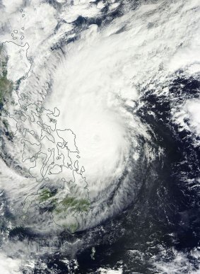 A satellite image of Typhoon Hagupit over the Philippines late on Saturday.