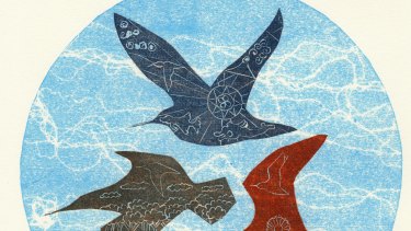 Pat Zuber, <i>Migration</I>, 2017, collagraph and linocut (detail).
