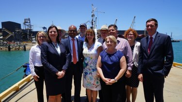 Adani Australia chief executive Jeyakumar Janakaraj (third from left), met with local politicians and business leaders last December including Queensland Premier Annastacia Palaszczuk (on his right) and Townsville Mayor Jenny Hill (on his left).