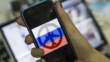 A variation of the peace symbol on the Russian tricolour that has circulated on social media, suggesting that the country is fighting for peace. 