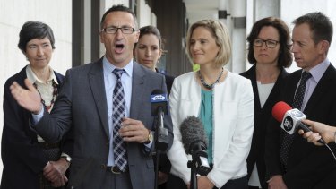 Patricia Cahill (second from right) with fellow Greens candidates Sue Wareham, Carly Saeedi, Christina Hobbs, federal Greens leader Richard DiNatale and ACT Greens leader Shane Rattenbury.