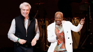 David Byrne joins Angelique Kidjo on stage at Carnegie Hall.