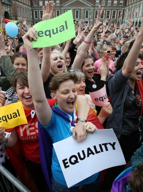 Jubilant campaigners outside Dublin Castle  after the referendum's result was confirmed.