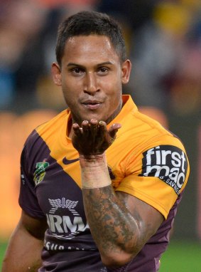 Ben Barba blows a kiss to celebrate one of his three tries.