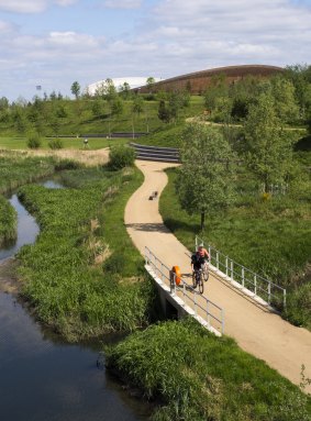 The Queen Elizabeth Olympic Park in Stratford is criss-crossed by rivers, canals, wildflower gardens and bike paths.