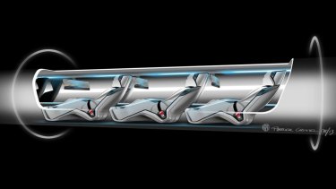 A conceptual design rendering by SpaceX shows a Hyperloop passenger transport capsule within a tube.