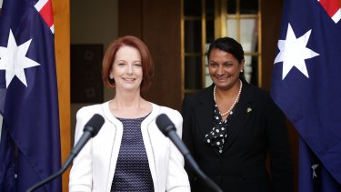 Former Prime Minister Julia Gillard announcing her endorsement of Nova Peris as Senate candidate at Parliament House.