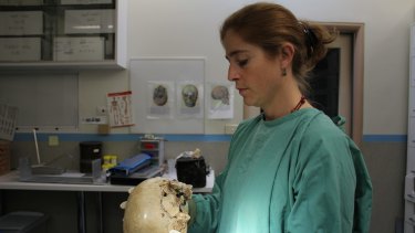 Victorian forensic anthropologist Dr Soren Blau examines a skull in the Victorian Institute of Forensic Medicine mortuary.