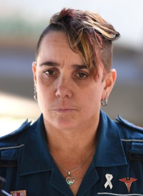 Paramedic Julz Raven outside the Brisbane Magistrates Court in Brisbane. 