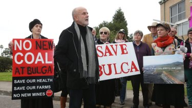 John Krey leads residents of Bulga in a protest against the proposed Rio Tinto Warkworth mine extension.
