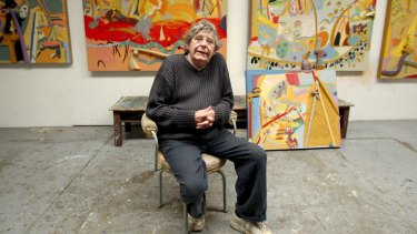 Colin Lanceley in his studio in Surry Hills with  paintings for his 2010 show based on Spanish architect Antonio Gaudi's work.