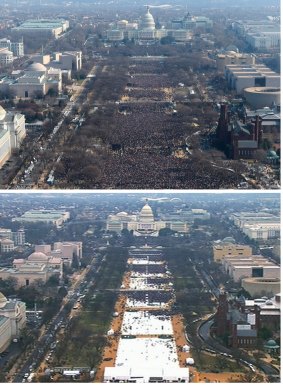 National Mall at the inaugurations of President Barack Obama, above, and President Donald Trump, below.