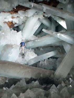 A geologist in the Cave of Crystals  in Naica Mine, Chihuahua, Mexico. 