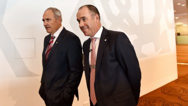 NAB chairman Ken Henry, left, and CEO Andrew Thorburn are architects of the Clydesdale demerger. 