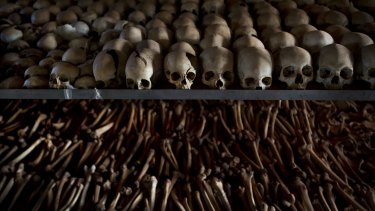 The skulls and bones of some of those who were slaughtered as they sought refuge inside the church are laid out as a memorial to the thousands who were killed in and around the Catholic church during the 1994 genocide in Ntarama, Rwanda.