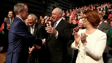 Bill Shorten greets Bob Hawke, Paul Keating and Julia Gillard at Labor's campaign launch in Penrith, NSW.
