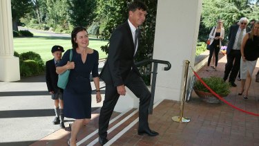 Angus Taylor arrives at the swearing-in ceremony for members of the new Turnbull ministry at Government House in on Thursday February 18. 