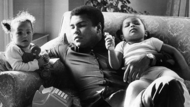 Muhammad Ali with his daughters Laila (9 months) and Hanna (2 years 5 months) at Grosvenor House. 