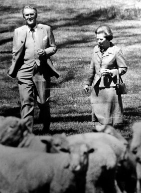 Former prime minister Malcolm Fraser and the then British prime minister Margaret Thatcher at a sheep handling demonstration staged for CHOGM members at Huntley property on the Uriarra Road in 1981.