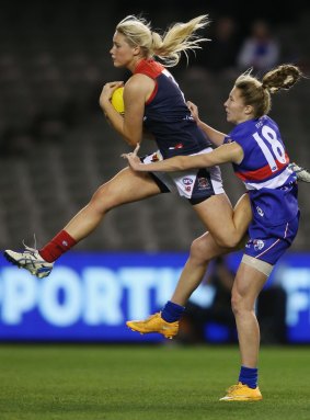 Tayla Harris takes a strong mark during the game.