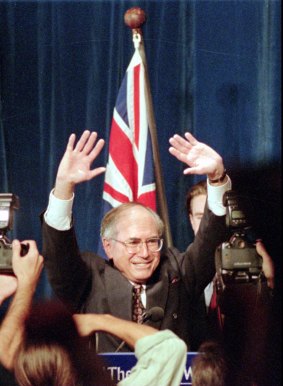 Liberal Party leader John Howard waves to the crowd after his victory in the 1996 election.