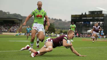 Outstanding debut: Tom Trbojevic scores for Manly in his first match in the NRL.
