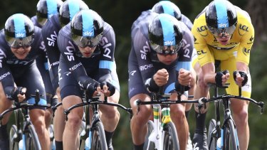 Behind Froomey: Team Sky power yellow jersey holder Chris Froome to second place in the team time trial.
