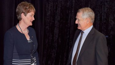 CBA chairman Catherine Livingstone and predecessor David Turner at the bank's AGM late last year.
