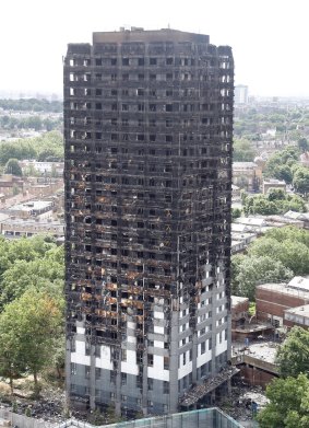 The burnt Grenfell Tower apartment building in London.