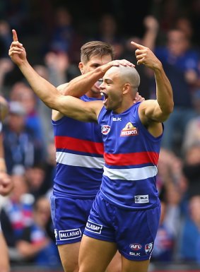 The Bulldogs' Jason Johannisen celebrates a goal in the round one match against Fremantle.